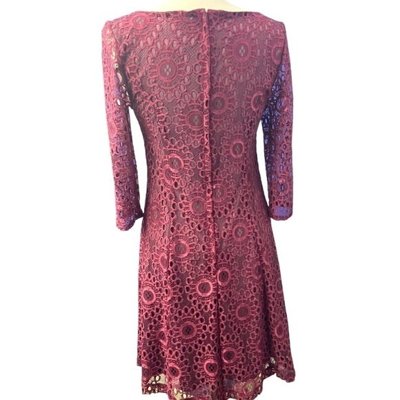 ModCloth Dress Cranberry Burgundy Floral Lace Overlay Lined Long Sleeves - Picture 3 of 11
